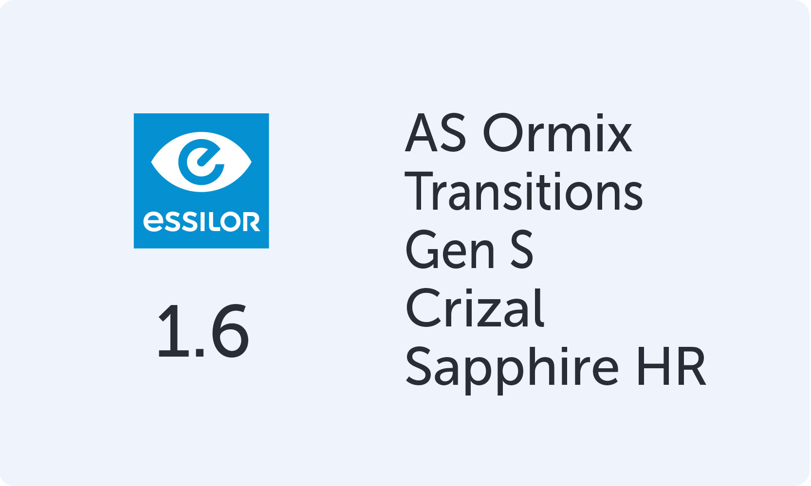 Essilor AS Ormix 1.6 Transitions Gen S Crizal Sapphire HR
