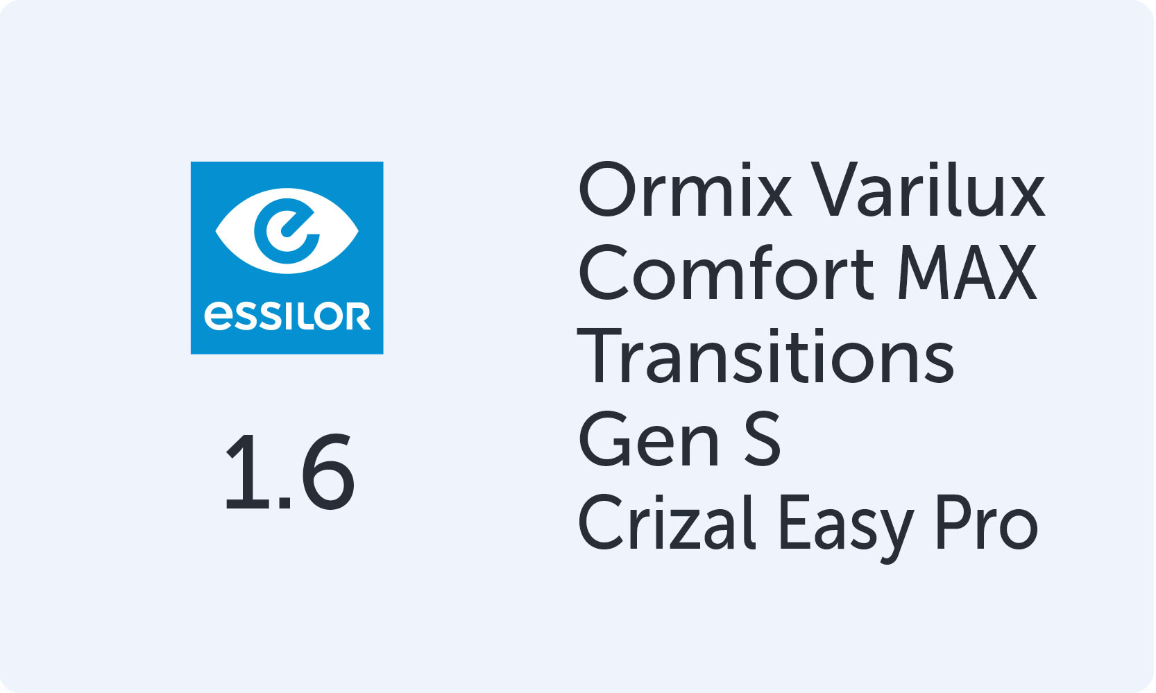 Essilor Varilux Comfort Max Ormix 1.6 Transitions Gen S Crizal Easy Pro
