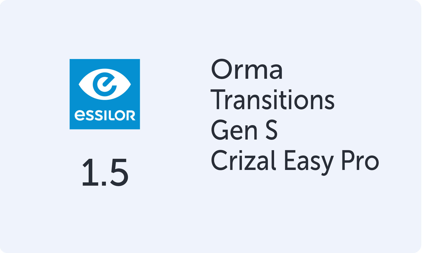 Essilor Orma 1.5 Transitions Gen S Crizal Easy Pro