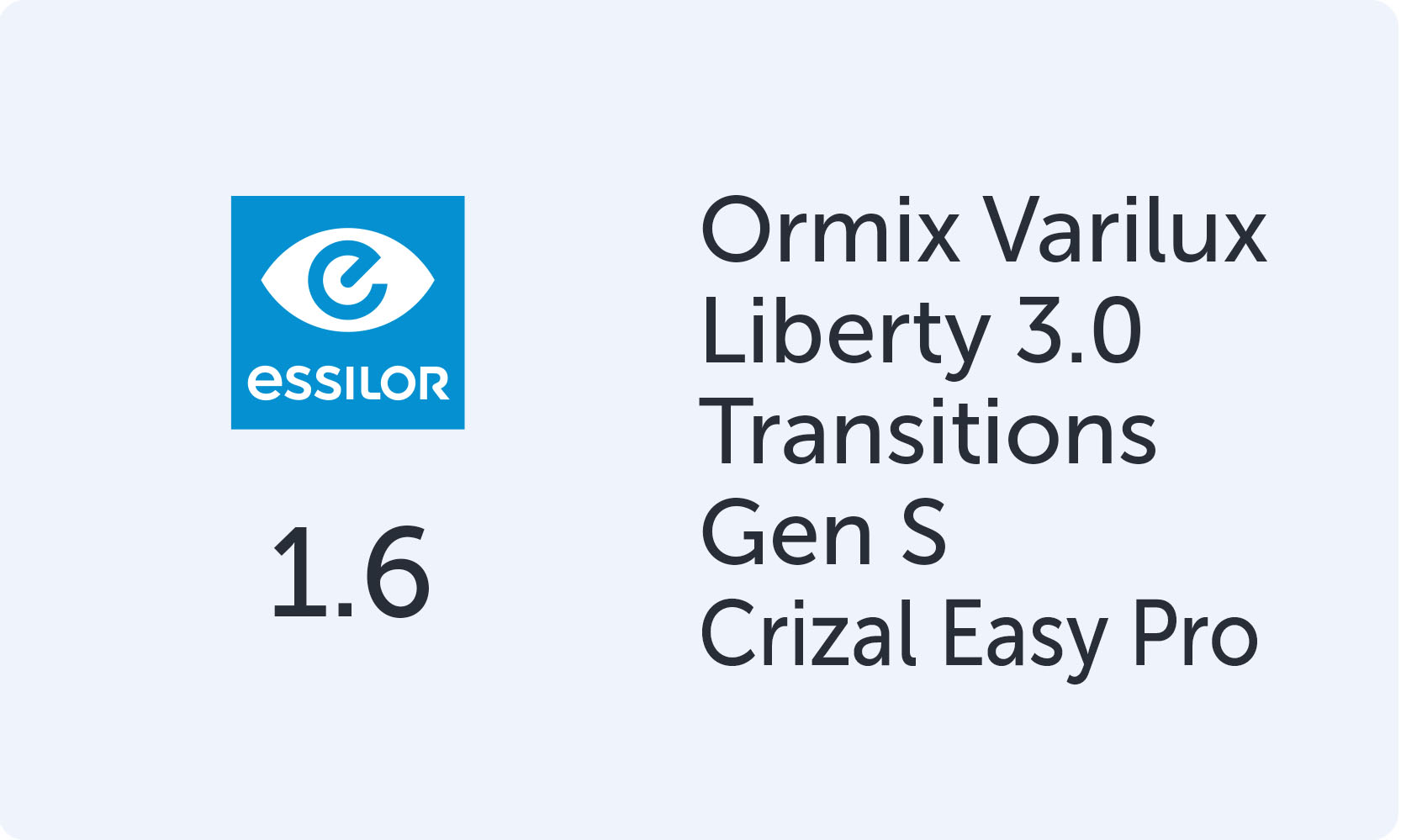 Essilor Varilux Liberty 3.0 Ormix 1.6 Transitions Gen S Crizal Easy Pro